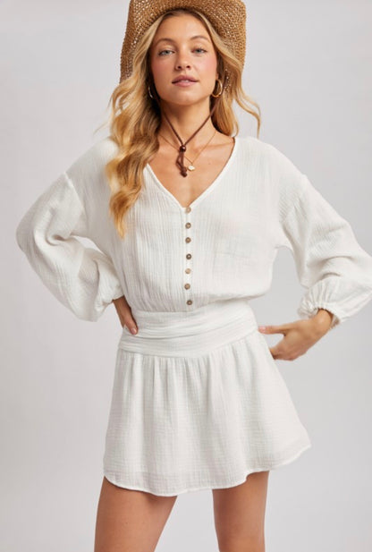 Button Down V Neck Romper Dress