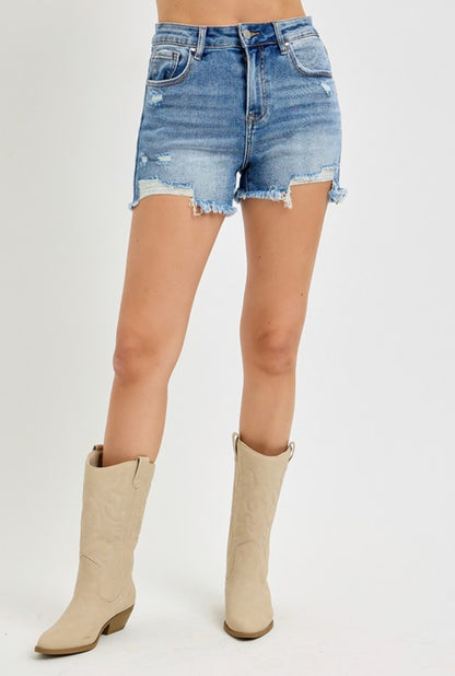High Rise Distressed Denim Shorts