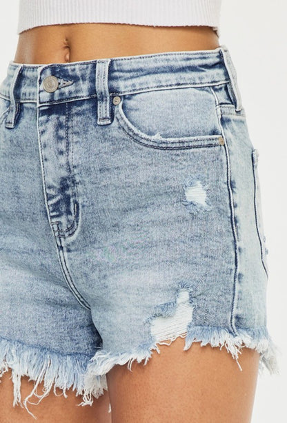 High Rise Fray Hem Denim Shorts by KanCan