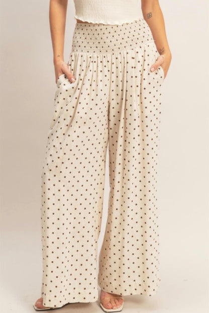 Polka Dot Smocked Wide Leg Pants