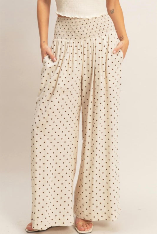 Polka Dot Smocked Wide Leg Pants