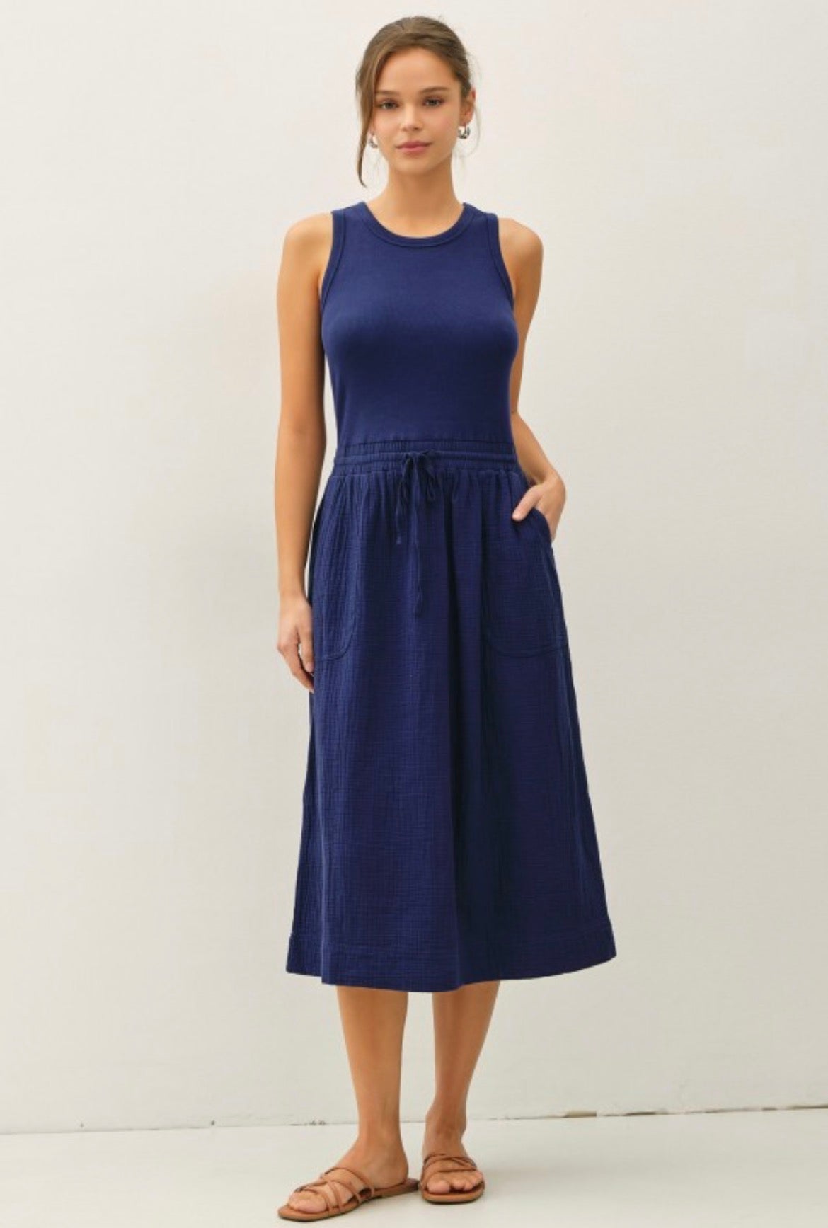 Cotton Ribbed Tank Dress with Gauze Skirt - 2 Colors!