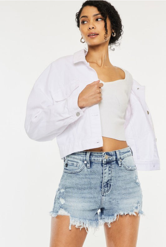 High Rise Fray Hem Denim Shorts by KanCan