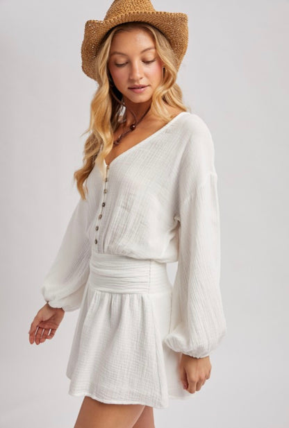 Button Down V Neck Romper Dress