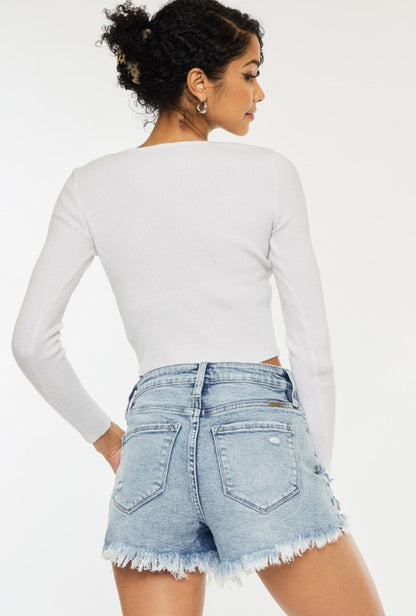 High Rise Fray Hem Denim Shorts by KanCan