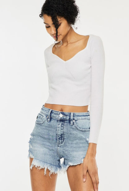 High Rise Fray Hem Denim Shorts by KanCan