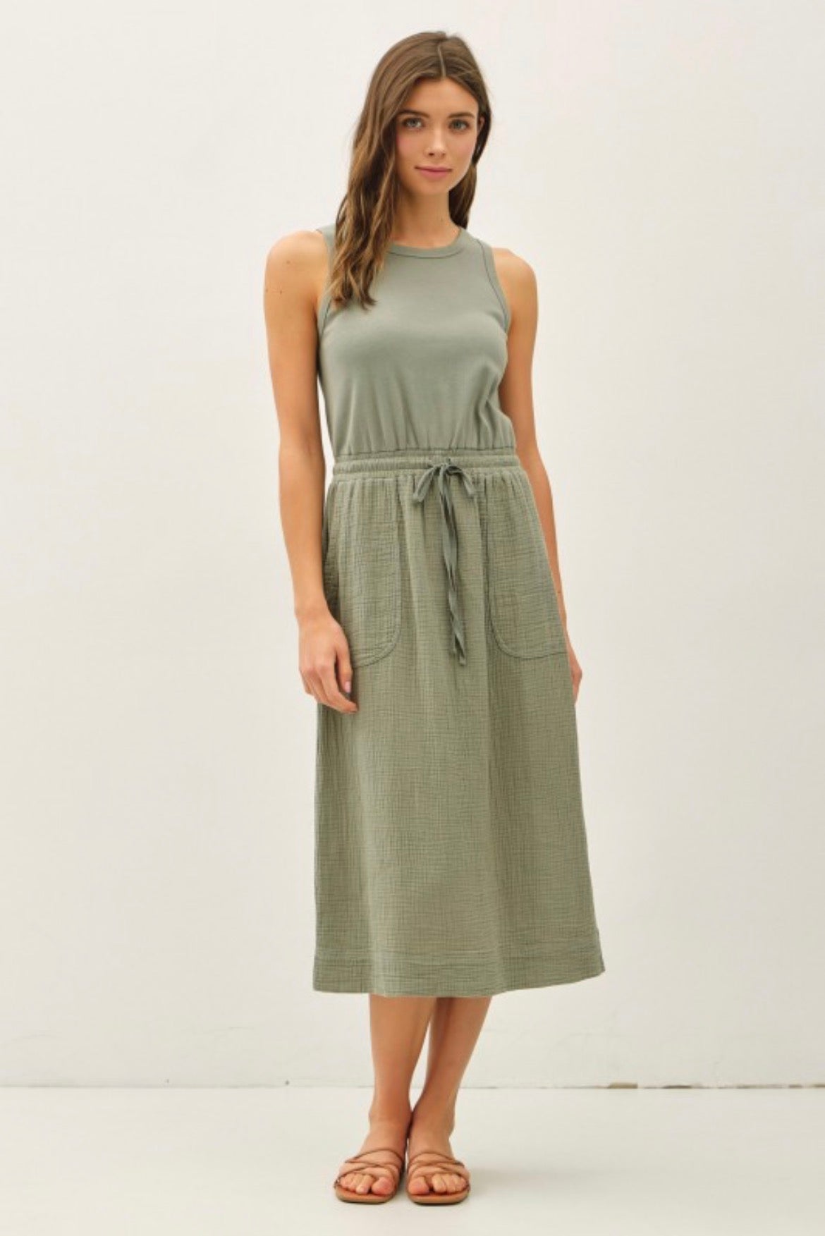 Cotton Ribbed Tank Dress with Gauze Skirt